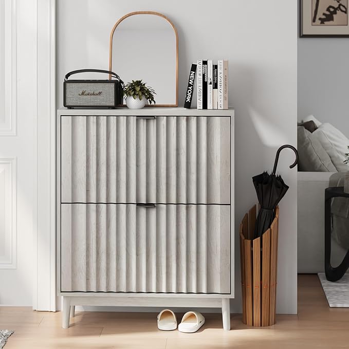 Vibe & Dine Shoe Cabinet with 2 Flip Drawers, Fluted Shoe Storage Cabinet for Entryway Slim, Free Standing Shoe Rack Organizer with Wave Doors for Hallway, Bedroom, Grey-NeatNest