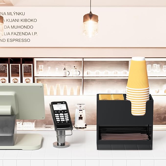 Coffee Condiment and Cup Organizer - 2-Tier Upright Cup and Lid Holder with Straw Organizer 3 Compartments Black Acrylic Cup Dispenser for Restaurant Breakroom Coffee Station Countertop-NeatNest