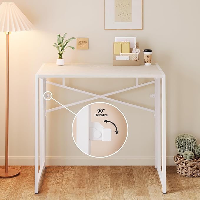 35 inch Small Folding Desk, Writing Gaming Computer Camping Desk for Small Spaces, No Assembly Required Home Office Table, Natural and White-NeatNest