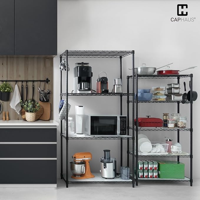 CAPHAUS NSF Wire Shelves Metal Wire Shelving Unit w/Liners, Kitchen Storage Shelving, Metal Steel Storage Shelving, Garage Shelving Storage Organizer, Utility Shelf, 4-Tier No Wheels, Black-NeatNest