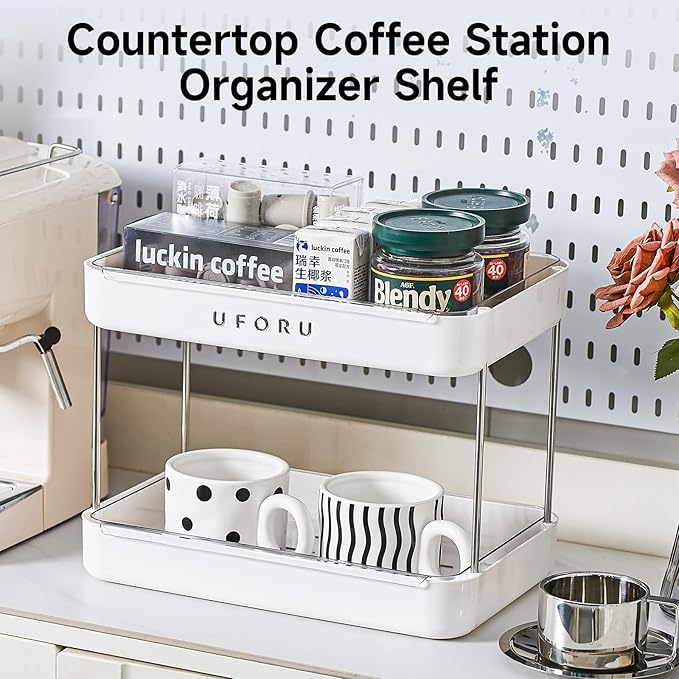 Countertop Coffee Station Organizer| 2-Tier Whisky Glass Holder, Mug Drying Rack with Removable Drain Tray - Easy to Install, Clean - Matcha Station Shelf for Kitchen, Bathroom Counter Organzier-NeatNest