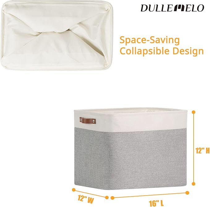 DULLEMELO Storage Baskets Large 16"x12"x12" Tall Rectangular Baskets Fabric Storage Bins for Organizing [1 Pack] Collapsible Linen Shelf Baskets for Clothes, Toys, Closet, Laundry (White&Grey)-NeatNest