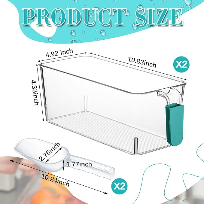 Havawish 2 Set Ice Bin and Flexible Scoop Set Plastic Freezer Ice Bin with Pull Out Handle Clear Storage Bucket for Container with Bucket Scoop (Blue,10.83 x 4.92 x 4.33 in)