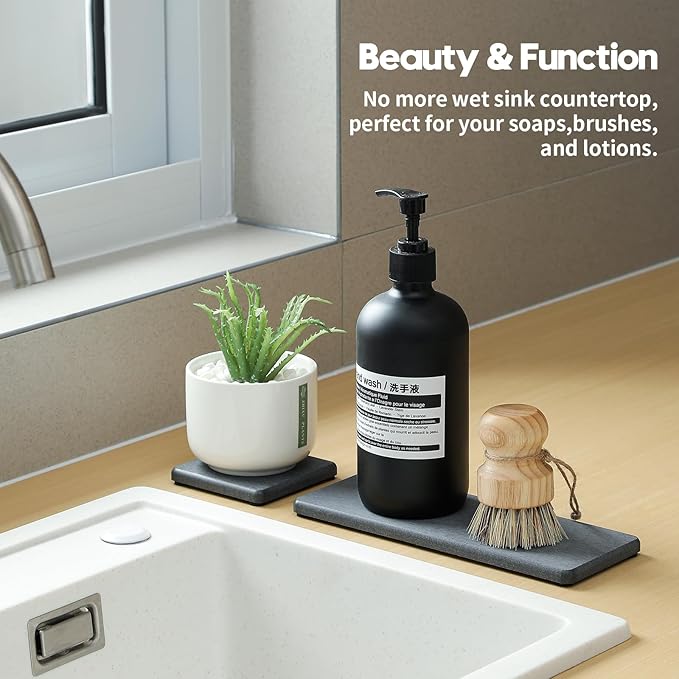 3PCS Water Absorbing Soap Dish Sponge Holder, Diatomite Stone Drying Tray Mat Sink Caddy for Kitchen Counter & Bathroom, Small Stone Bath Mat Faucet Accessories Organizer Protector,Dark Gray,9"x 3.5"-NeatNest