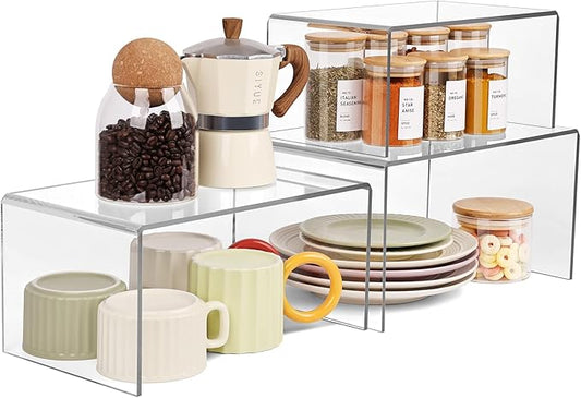3 Pieces Clear Cabinet Organizer, 5mm Acrylic Kitchen Shelves Organizer Spice Rack Clear Display Shelves, Room Decor Pantry Countertop Desk Organizer Shelves-NeatNest