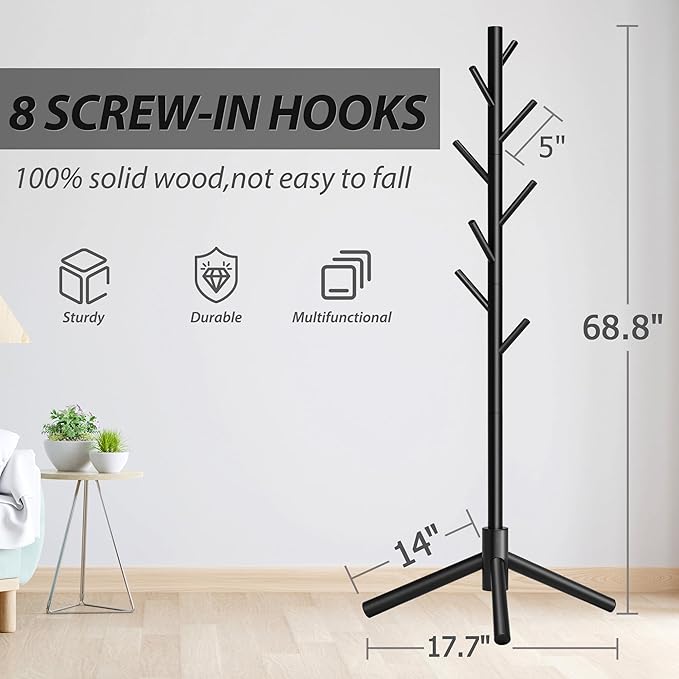 Durable Wooden Coat Rack, Freestanding Coat Rack with Stable Triangular Base, 8 Hooks & 3 Adjustable Heights, Simple Assembly for Bedroom, Hallway, Office(New Black)-NeatNest