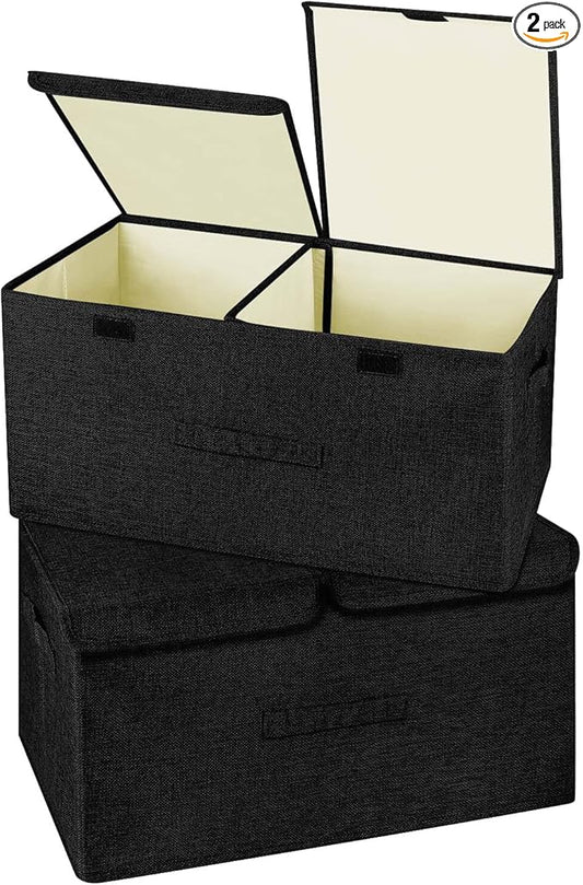 2 Pack Large Linen Fabric Collapsible Storage Bins with Lid and Handles, Washable Storage Box Baskets Cube with Removable Divider for Bedroom,Closet,Office,Living Room,Nursery (Black, Large)-NeatNest