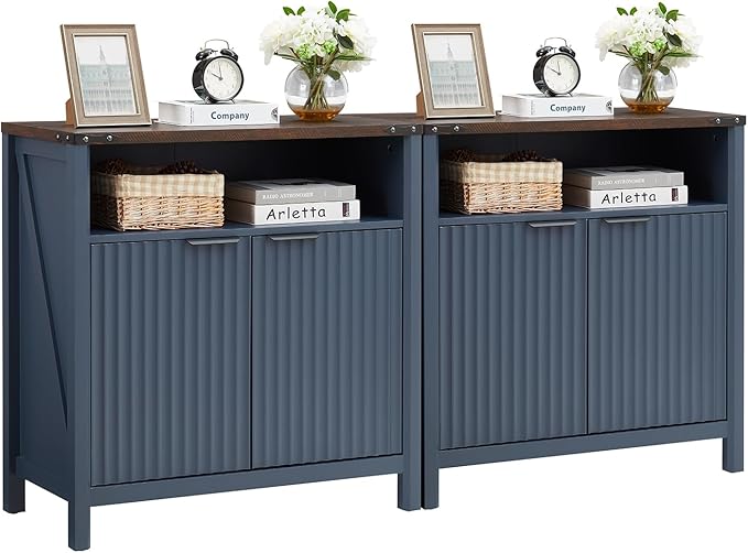 32 Inch Fluted Sideboard Buffet Cabinet with Storage, Modern Farmhouse Accent Credenza with Adjustable Shelves, Coffee Wine Bar Organizer for Kitchen, Living Room (Navy Blue, Set of 2)