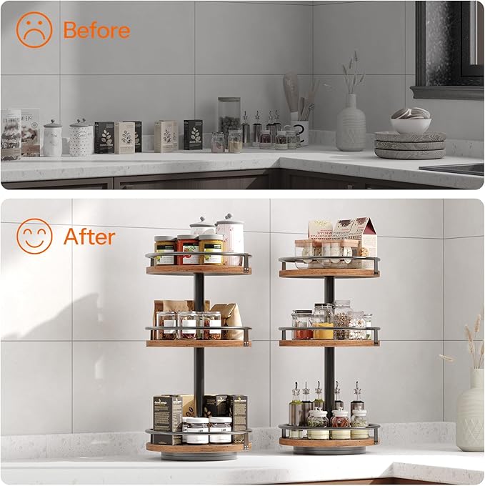 HOOBRO 3-Tier Lazy Susan Organizer, Rotating Spice Rack, Turntable Spice Rack, Vertical Storage Organizer, for Kitchen Countertop, Vanity, Dining Table, Rustic Brown and Black BF09TL01-NeatNest