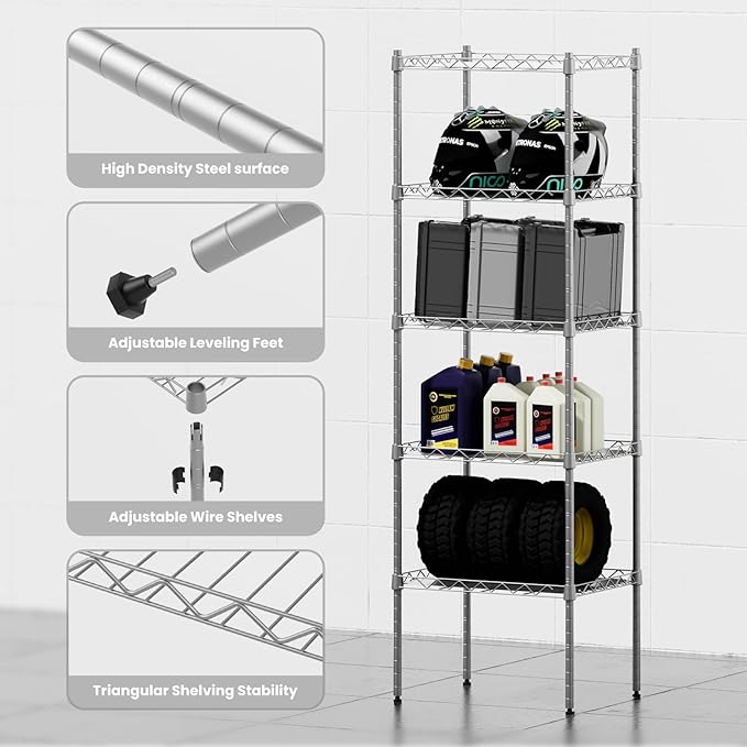 5 Tier Shelves, 16.9"x 13"x 53.9" Utility Rack Shelf, Metal Storage Shelving, Adjustable Wire Shelving Units, Heavy Duty Storage Organizer for Garage Laundry Office, Silver
