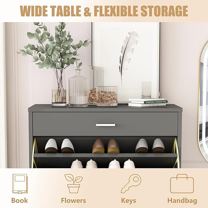 AWQM Shoe Storage Cabinet for Entryway, Free Standing Shoe Organizer with 2 Flip Drawers,Hidden Shoe Rack Storage Organizer for Doorway Hallway (Grey)-NeatNest