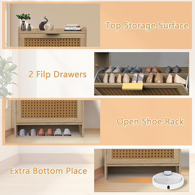 Hidden Shoe Storage Cabinets with 2 Flip Drawers and Wood Legs, Freestanding Narrow Shoe Organizer Rack for Entryway, Natural-NeatNest