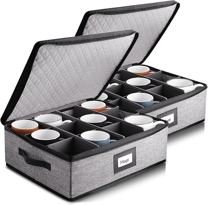 Coffee Mug Storage, 2 Pack Quilted and Stackable Coffee Cup Storage Organizer for Service of 24, Mug Storage Box with Dividers, China Containers Hard Shell for Moving and Organization, Grey-NeatNest