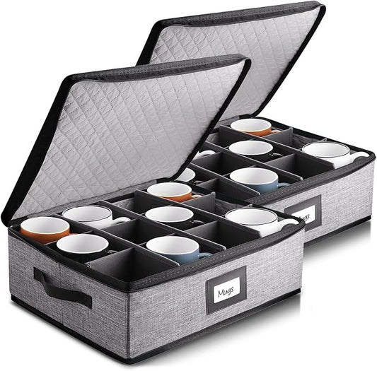 Coffee Mug Storage, 2 Pack Quilted and Stackable Coffee Cup Storage Organizer for Service of 24, Mug Storage Box with Dividers, China Containers Hard Shell for Moving and Organization, Grey-NeatNest