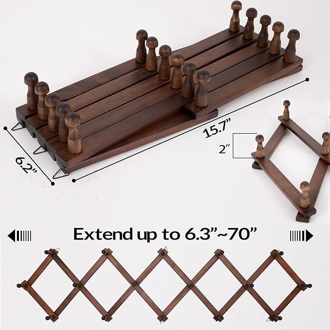 Hat Rack for Wall, Expandable Wall Hat Holder with 16 Hooks, 16 inch Wooden Wall Hook for Baseball Caps,Cowboy, Bag,Hoodie(Brown)-NeatNest
