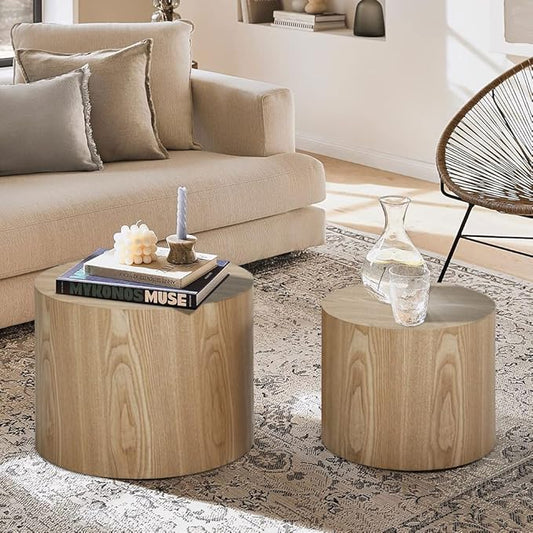 kevinplus Wood Side Table Round Small Coffee Tables Nesting End Table Set of 2 for Living Room Bedroom Office, No Assembling (Oak/Walnut - Round)