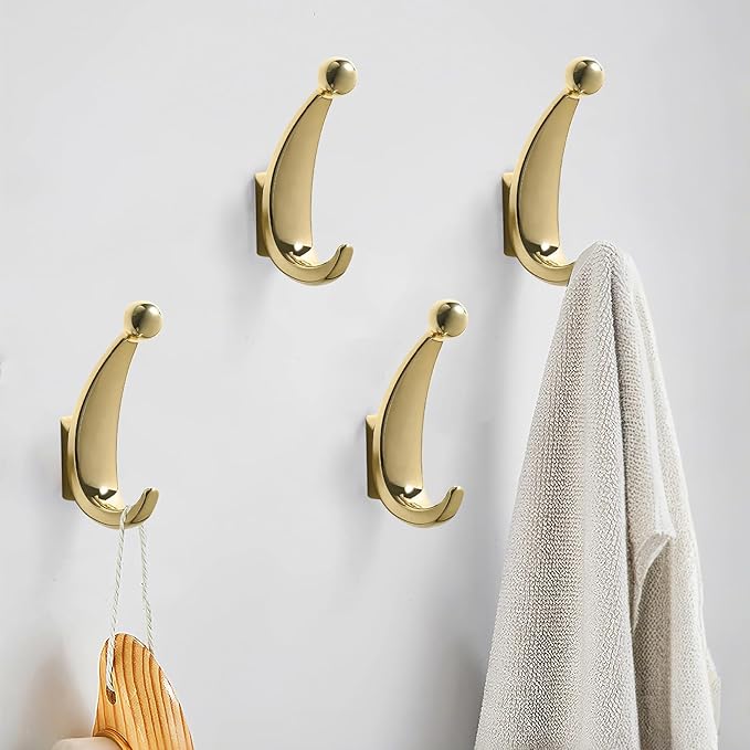 2 Pack Bathroom Towel Hooks, Screw in Metal Robe & Coat Hooks for Wall(Gold)