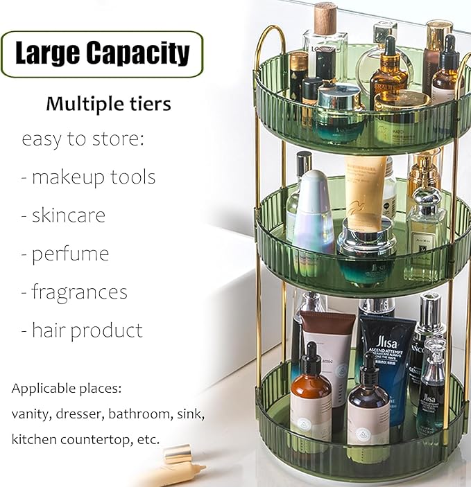 Rotating Makeup Organizer Countertop 3 Tier Lazy Susan Trays Clear Skincare Perfume Storage for Bathroom Counter Vanity, Green Gold-NeatNest