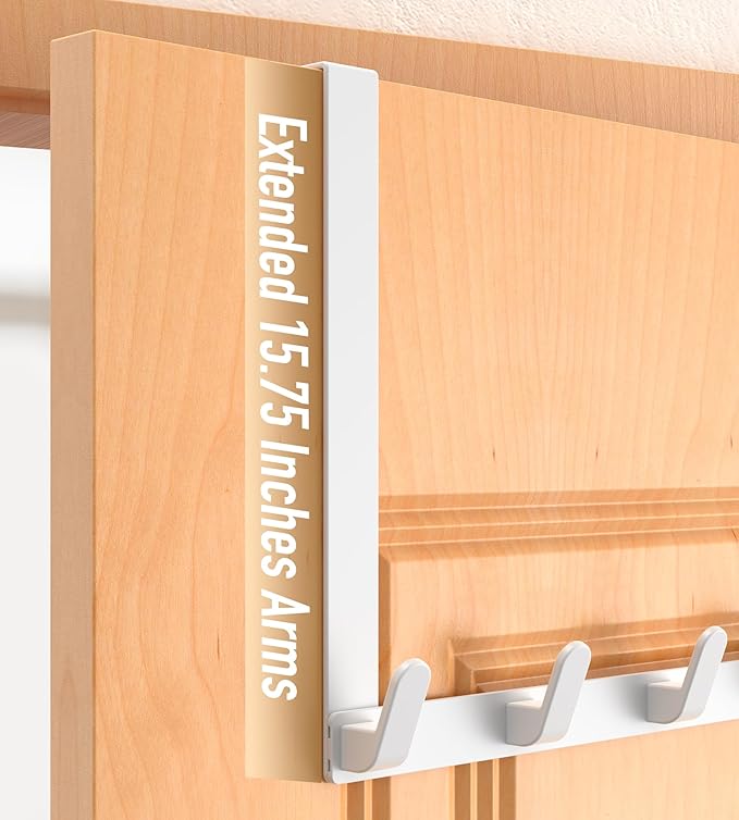 Long Over The Door Hooks with 15.75-inch Arms for Easier Access by Women, Heavy Duty Door Hanger for Winter Coat, L16U, Fits Standard 1 3/4'' Doors, Towel Racks Organization, White