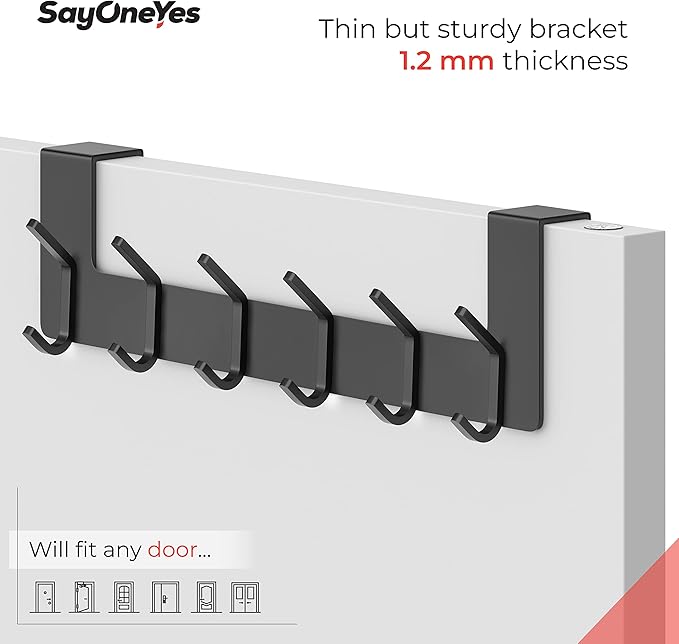Matte Black Over The Door Hooks – Heavy Duty Stainless Steel Door Hanger with 6 Double Hooks for Hanging Towels, Coats, Robes, Hats, Bags – No Drill Over Door Towel Rack for Bathroom & Bedroom
