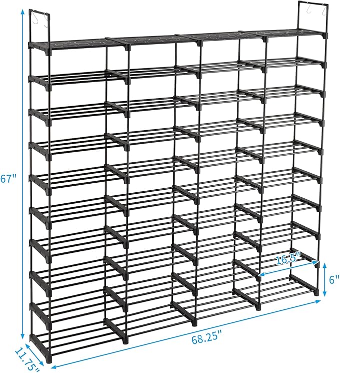 10-Tier Tall Shoe Rack - Free Standing Large Metal Closet Storage Shelves - Stackable Shoe Stand with Hooks for Bedroom Entryway - Holds 80 Pairs - Black-NeatNest