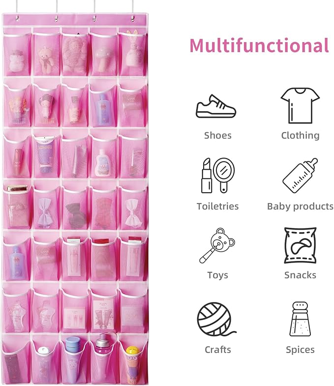35 Pockets Over the Door Shoe Organizer, Hanging Shoe Organizer for Door with 35 Mesh Pockets Large Capacity Shoe Hanging Storage Bag with 4 Metal Hooks (Pink-1Pack)-NeatNest