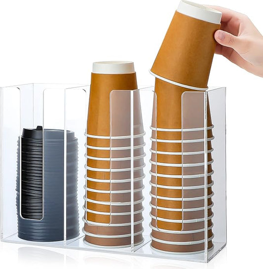 3 Compartments Acrylic Coffee Cup Dispenser Organizer Paper Cup Lid Sleeve Holder Organizer Coffee Shop Supplies Holder Storage for Counter Wall(Clear)-NeatNest