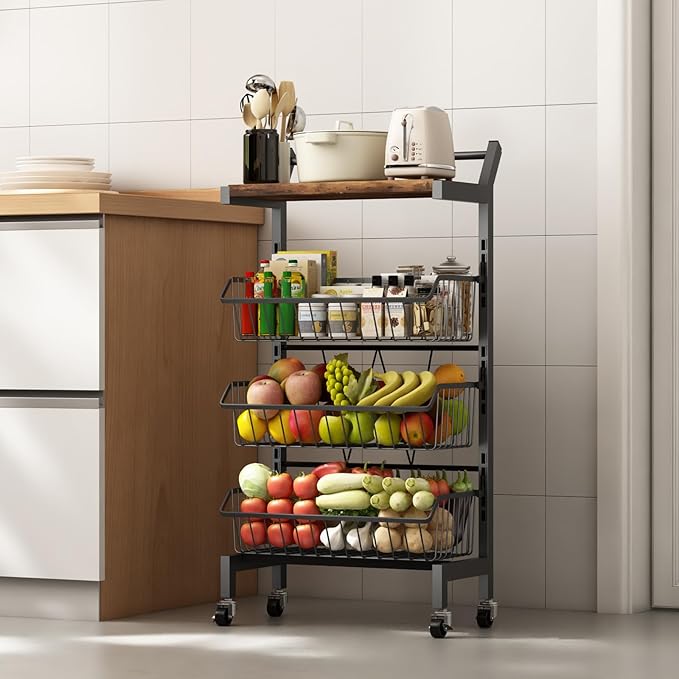 DGSNADGO Slim Rolling Storage Cart, 4-Tier Kitchen Cart on Wheels, Narrow Utility Cart with Handle and Wooden Tabletop for Small Space in Kitchen, Living Room, Bathroom, Laundry Room (Rustic Brown)