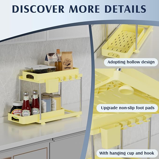 2 Pack Under Sink Organizers and Storage, Height Adjustable Bathroom Cabinet Organizer, 2 Tier Under Sink Organizer with Hooks, Under Cabinet Organizer for Kitchen Bathroom (Yellow-NeatNest