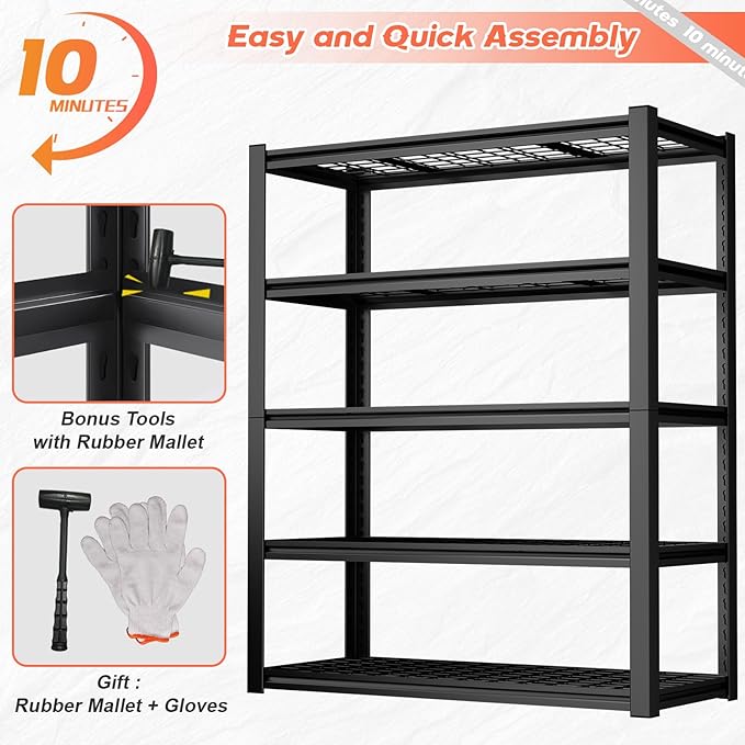 Garage Shelving,5-Tier Metal Storage Shelves,Metal Shelves for Garage Storage,Steel Shelving 24" D x 47" W x 72" H