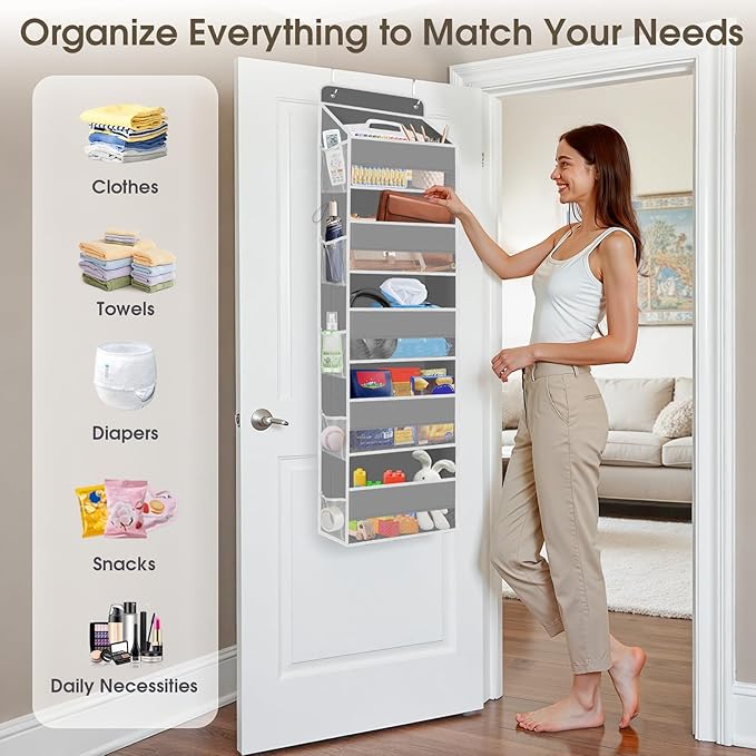 1 Pack Over The Door Organizer, Hanging Storage Organizer with Clear Window, 40lb Ultra Sturdy Large Capacity Room Organizer for Pantry Laundry Bathroom Nursery Closet Baby Essential (Grey)-NeatNest