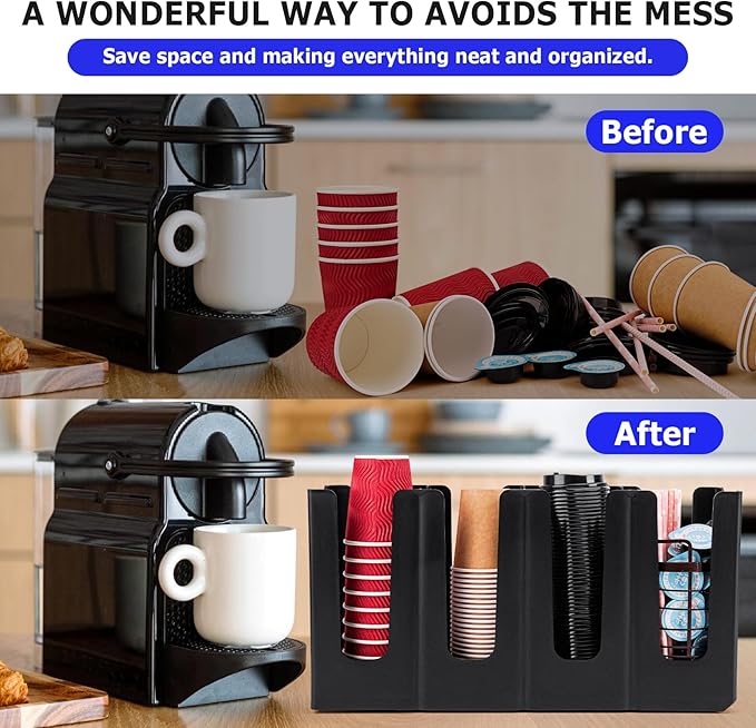 Coffee Cup and Lid Holder Organizer,Adjustable Dispenser with Coffee Pod and Straw Storage Basket, Disposable Cup Holder for Countertop-NeatNest
