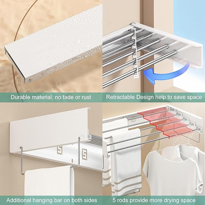 Wall Mounted Laundry Rack, Collapsible Clothes & Towel Drying Rack for Indoor & Outdoor, 40' W x 16.5 L Ft, 60 lb Capacity, White