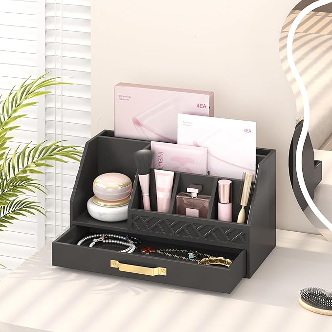 Bamboo Desk Organizer with Drawers, Mail Organizer Countertop Wood Desk Drawer Tabletop Storage Organization Pen Holder Letter Sorter Makeup Organizer for School Home Office (Black)-NeatNest