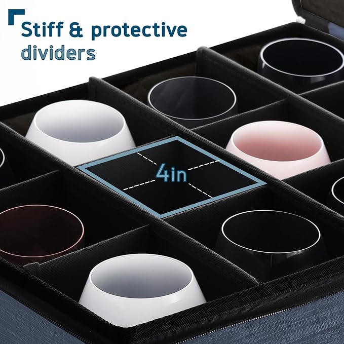 Hearth & Harbor Wine Glass Storage Box with Dividers, Quilted and Stackable Stemware Storage Cases, Service of 12 Glass China Container Hard Shell for Moving and Organization, Blue-NeatNest