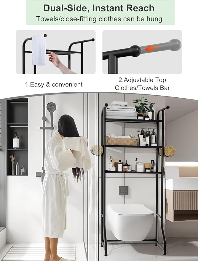 3-Tier Over The Toilet Storage Shelf，Bathroom Organizers and Storage Over Toilet，Metal Bathroom Space Saver with 2 Bars，1 Paper Holder and 4 Hooks,Black