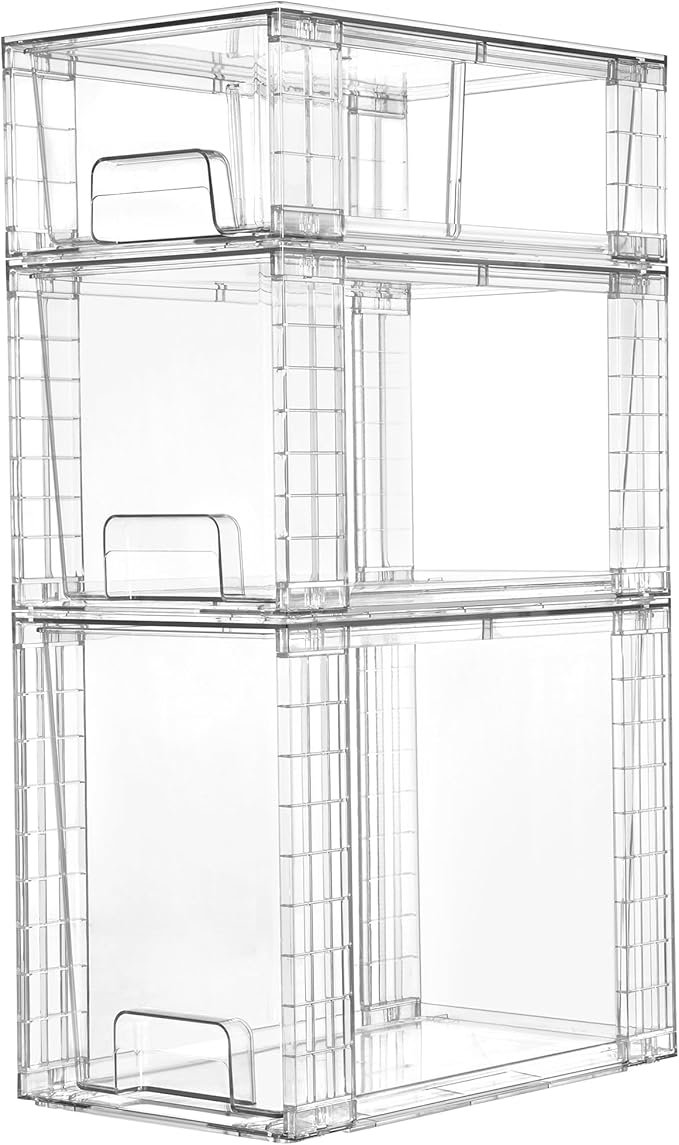 Vtopmart 3 Pack Clear Stackable Storage Drawers,Easy to Assemble Bathroom Organizers and Storage with handles,Plastic Drawers for Kitchen Pantry,Cabinet,Under Sink Organization-NeatNest