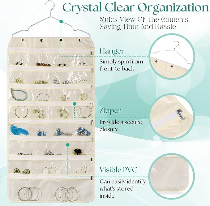 Flexzion Hanging Jewelry Organizer with Zippered Pockets - (1 Pack) Beige Closet Jewelry Organizer Storage with Hanger, 56 Pockets Dual Sided Earring Organizer Hanging for Bracelet, Watches, Ring-NeatNest