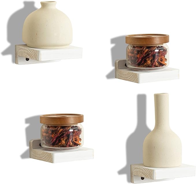 Freezing point Small Floating Shelf for Wall Set of 4 Natural Wood 4Inch Mini Wall Shelves Decor Plant Display Collectibles Mounted Kitchen Bathroom Bedroom Corner Decorative Storage Tiny Stand White-NeatNest