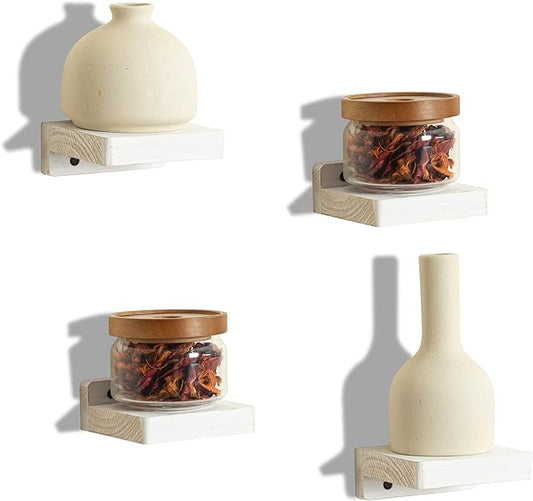 Freezing point Small Floating Shelf for Wall Set of 4 Natural Wood 4Inch Mini Wall Shelves Decor Plant Display Collectibles Mounted Kitchen Bathroom Bedroom Corner Decorative Storage Tiny Stand White-NeatNest