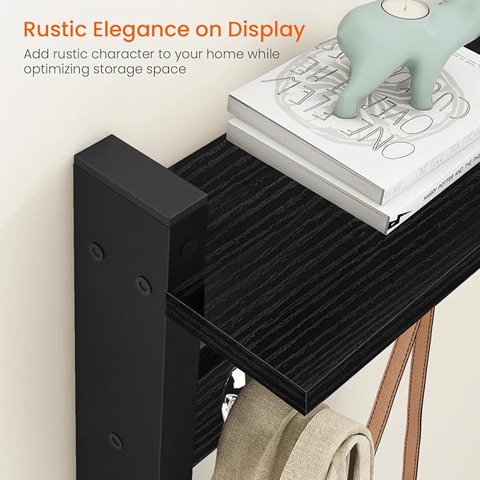Homode Wall Coat Rack With Shelf, Wood Entryway Hanger With Hooks, Small Floating Pegs for Hanging Coats, Hats, Purses, Backpacks, Black