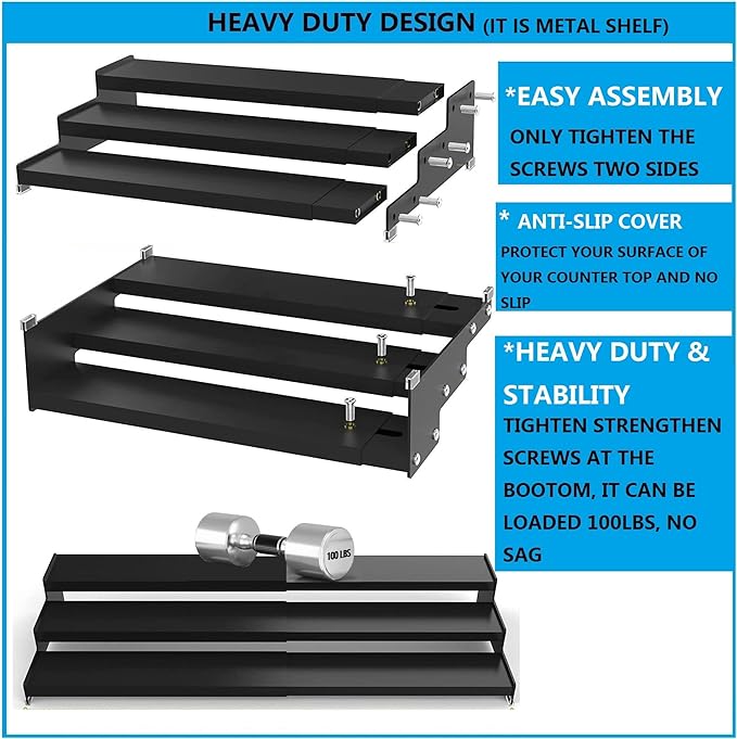 Expandable Spice Rack Storage organizer with 3-Tier step shelf cabinet,seasoning rack organizion.Great for Kitchen countertop shelves,Bathroom,dressing table,Cupboard,Pantry and more(2packs/Gun-gray)-NeatNest