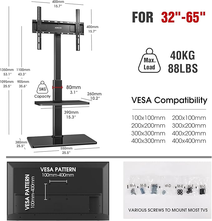 Floor TV Stand with 60-Degree Swivel, TV Floor Stand for 32-65 inch TVs up to 88lbs with Tilt, 8 Level Height Adjustable Tall TV Mount Stand with Shelf, Tempered Glass Base, MAX VESA 400x400mm