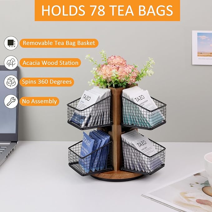 HTB Carousel Tea Bag Organizer for Counter, 2 Tier Tea Bag Holder with 6 Removable Tea Baskets and Acacia Wood Station, Tea Organizers and Storage for Cabinet, Countertop-NeatNest