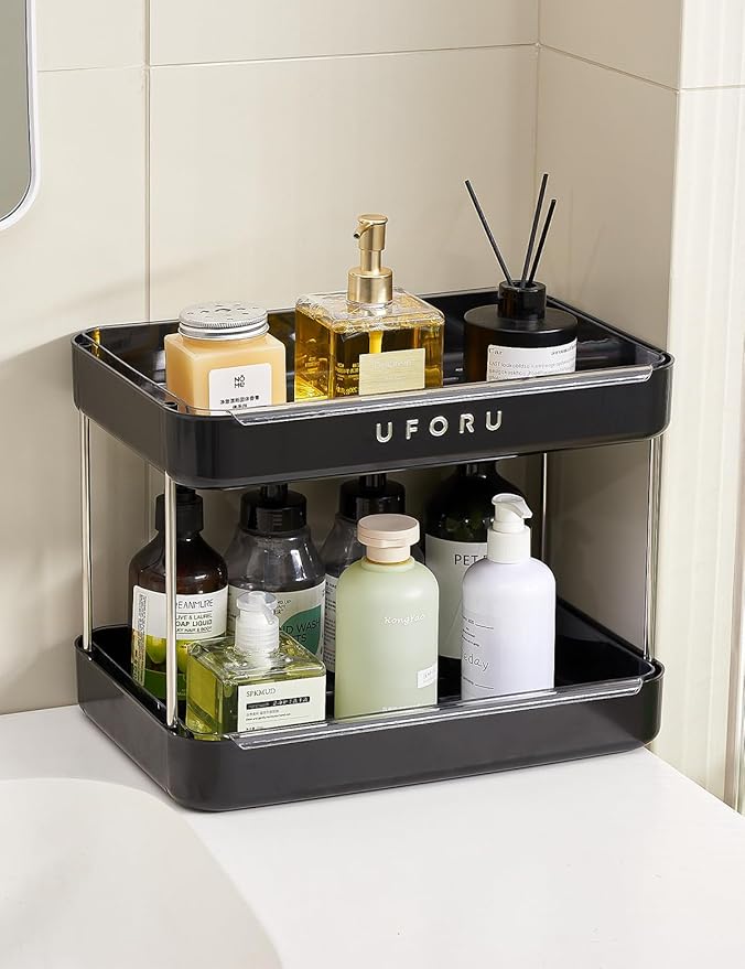 Countertop Coffee Station Organizer, 2 Tier Wine Glass Holder, Mug Display Shelf with Removable Drain Tray, Spice & condiment Rack for Kitchen, Bathroom Countertop Organizer, Black-NeatNest