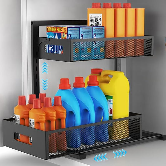 Under Sink Organizer Pull Out Cabinet Organizer Adjustable Height 2 Tier with Sliding Drawers Kitchen Bathroom Organizer and Storage(1pc)-NeatNest