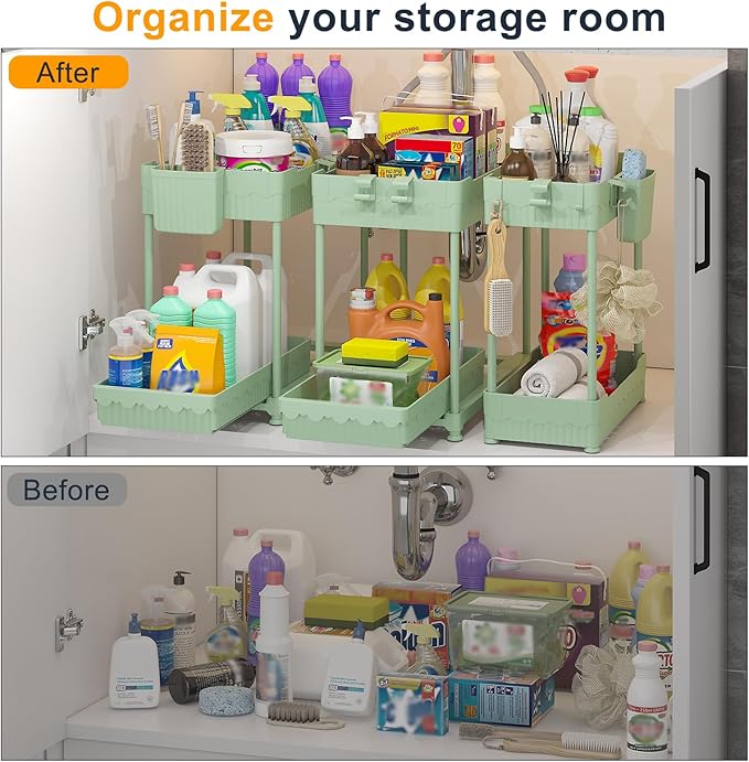 3 Pack Under Sink Organizers, 2-Tier Multi-Use Kitchen and Bathroom Organizers and Storage with Sliding Drawers，Bathroom Cabinet Organizer (Green, 12.8 Inch)-NeatNest