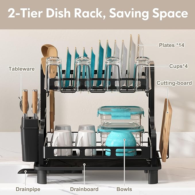 BOOSINY Dish Drying Rack, 2 Tier Large Stainless Steel Black Dish Rack for Kitchen Counter, Drying Rack with Cups Holder, Utensil Holder and Drainboard Set, Dish Strainer Shelf for Kitchen-NeatNest
