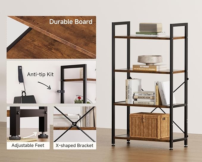 Casaottima Book Shelf, 4 Tier Bookshelf, Modern Wood Bookcase Shelves for Bedroom, Industrial Display Shelf for Living Room Home Office Kitchen, Standing Shelving Unit Storage Organizer, Vintage-NeatNest