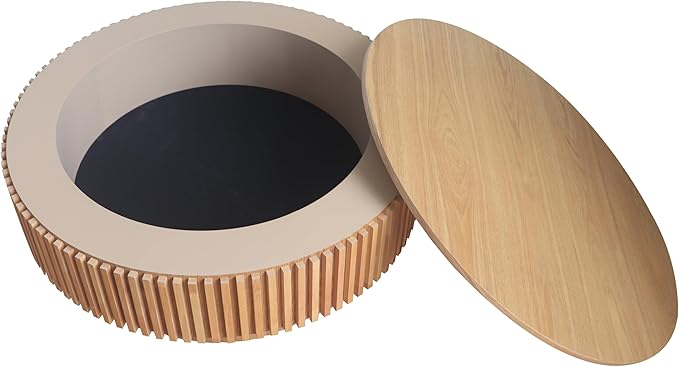 kevinplus 31.5'' Round Coffee Table with Storage Space, Modern Wood Circle Fluted Drum Pedestal Coffee Table for Living Room, Easy Assembly, Oak (ø31.49'' x 14'')